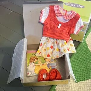 Bitty twins birthday outfit includes outfit and book and shoes